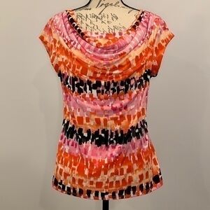 FREE with purchase! Chelsea & Theodore stretch draped neck top bright print L